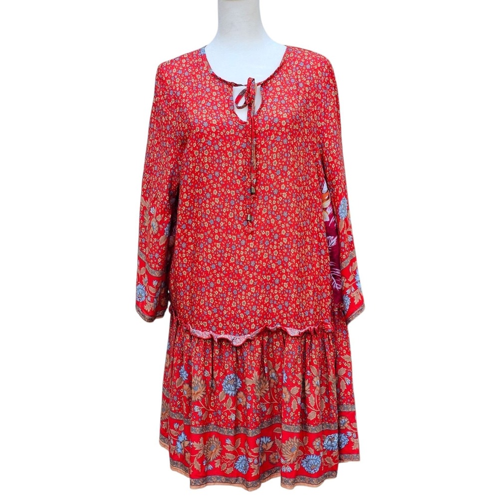 FS Collection Tunic Dress 3/4 Sleeves Red Bohemian Floral Print Women's Med NWT